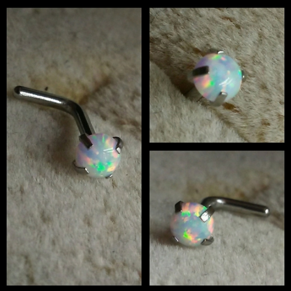 🤍 White Opal Stainless Steel Nose Ring Post L 18g Piercing Body Jewelry